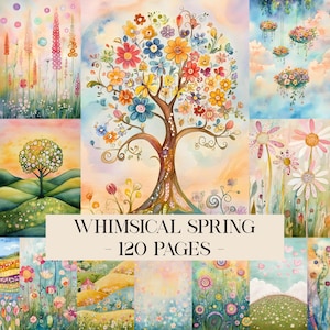Puede incluir: Una colección de ilustraciones en acuarela con temática primaveral. Las imágenes presentan flores, árboles y paisajes coloridos. El texto en la imagen dice "Whimsical Spring - 120 Pages". La paleta de colores incluye pasteles y tonos brillantes.