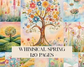 May include: A collection of watercolor illustrations with a spring theme. The images feature colorful flowers, trees, and landscapes. Text on the image reads "Whimsical Spring - 120 Pages". The color palette includes pastels and bright hues.
