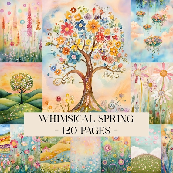 Whimsical Spring Printable Art Pages, Quirky Art Pack, Spring Junk Journal Pages, Whimsical Print, Pastel Landscape, Floral Digital Papers