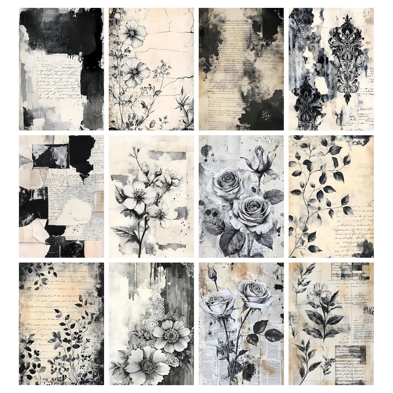 Black and White Distressed Junk Journal Pages, Vintage Grunge Printable ...