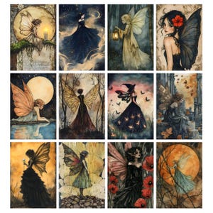 May include: A collection of twelve watercolor fairy art prints. Each print features a fairy with detailed wings, dressed in flowing gowns, set against backgrounds of moons, stars, and nature scenes. The color palette includes blues, greens, and earthy tones.