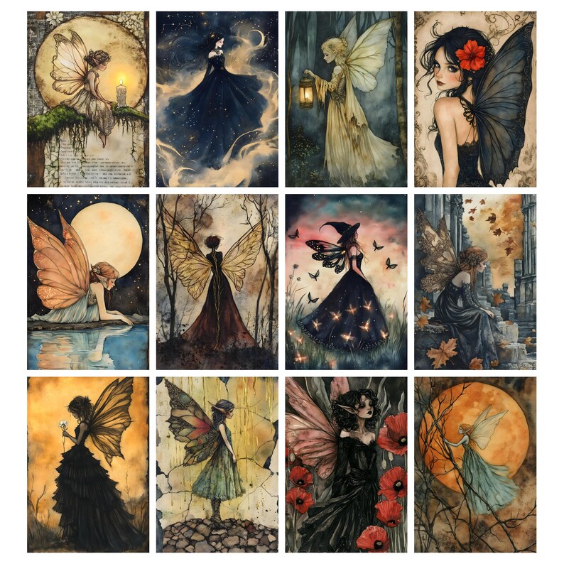 May include: A collection of twelve watercolor fairy art prints. Each print features a fairy with detailed wings, dressed in flowing gowns, set against backgrounds of moons, stars, and nature scenes. The color palette includes blues, greens, and earthy tones.