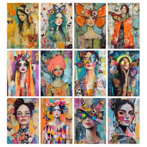 May include: A collection of twelve colorful art prints featuring stylized portraits of women adorned with butterflies. The artwork showcases a vibrant mix of colors, with each portrait having a unique style and butterfly arrangement, creating a whimsical and artistic theme.
