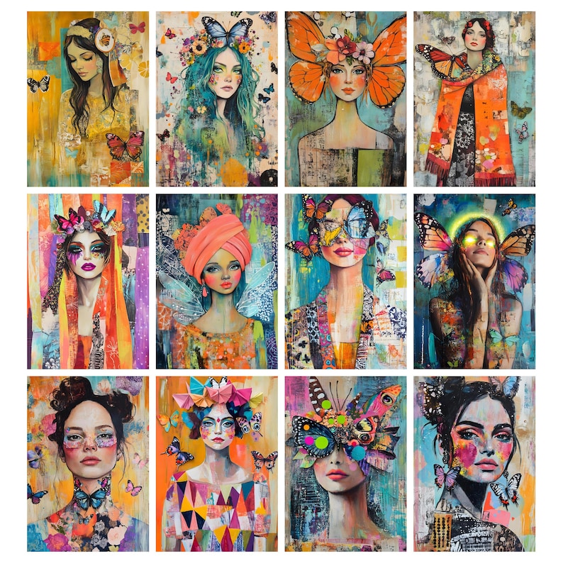 May include: A collection of twelve colorful art prints featuring stylized portraits of women adorned with butterflies. The artwork showcases a vibrant mix of colors, with each portrait having a unique style and butterfly arrangement, creating a whimsical and artistic theme.