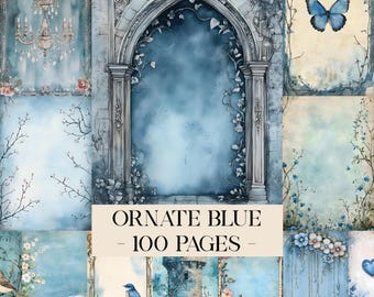 Ornate Blue Junk Journal Paper, Vintage Shabby Chic, Cottage, Antique Distressed Filler Pages Scrapbook, Digital Printable Victorian Collage