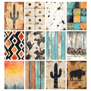 May include: A collage of twelve rustic-style images. The images include a cactus, geometric patterns, paint splatters, and distressed wood textures. The color palette features earthy tones, turquoise, and black.