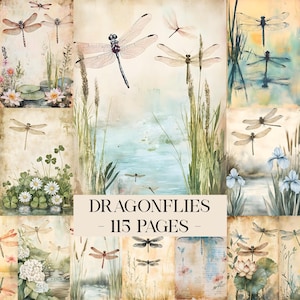 Peut inclure: Un collage d'illustrations à l'aquarelle représentant des libellules, des fleurs et des plantes aquatiques. L'œuvre d'art a une esthétique vintage avec des couleurs et des textures douces. Le texte "DRAGONFLIES - 115 PAGES -" est affiché.