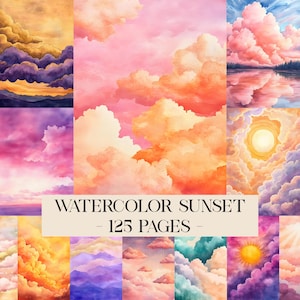 Könnte beinhalten: Eine Sammlung von Aquarellmalereien mit Sonnenuntergangsszenen. Die Bilder zeigen lebendige Farben, darunter rosa, orange und lila Wolken. Der Text "WATERCOLOR SUNSET - 125 PAGES" ist unten im Bild zu sehen.