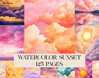 Watercolor Sunset Digital Papers, Ocean Sunset Junk Journal Pages, Colorful Sky Digital Paper, Sky Patterns, Printable Scrapbook Papers