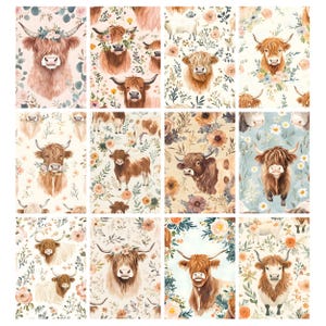 May include: A collection of watercolor illustrations featuring Highland cows. Each image showcases a different cow, some adorned with floral wreaths, set against floral backgrounds in shades of pink, cream, and blue. The artwork has a rustic, farmhouse aesthetic.