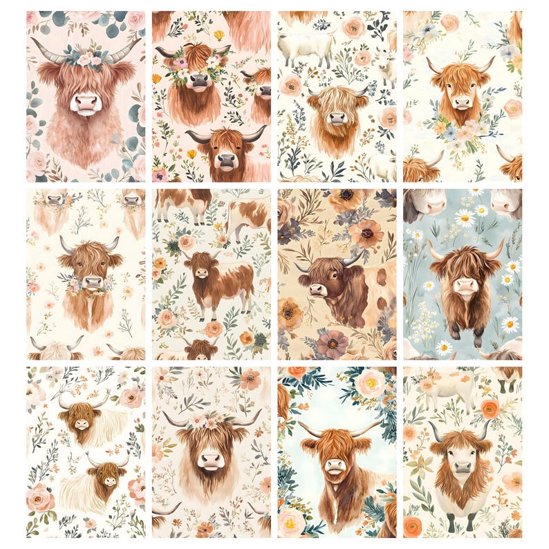 May include: A collection of watercolor illustrations featuring Highland cows. Each image showcases a different cow, some adorned with floral wreaths, set against floral backgrounds in shades of pink, cream, and blue. The artwork has a rustic, farmhouse aesthetic.