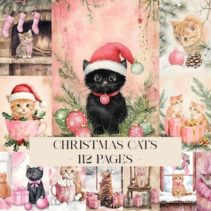 May include: A collage of watercolor illustrations featuring Christmas cats. The images include kittens wearing Santa hats, surrounded by ornaments, gifts, and festive decorations. The text "CHRISTMAS CATS - 112 PAGES" is displayed across the center.