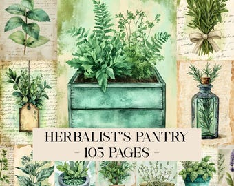 May include: A watercolour illustration showcasing diverse herbs and plants, such as rosemary and mint. A central image depicts a wooden planter box brimming with greenery. The text "HERBALIST'S PANTRY - 105 PAGES" is visible.