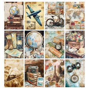 May include: A collection of vintage-style travel-themed art prints. The prints feature a globe, airplane, bicycle, maps, and other travel-related items. The color palette includes sepia tones, blues, and greens, evoking a sense of nostalgia and adventure.