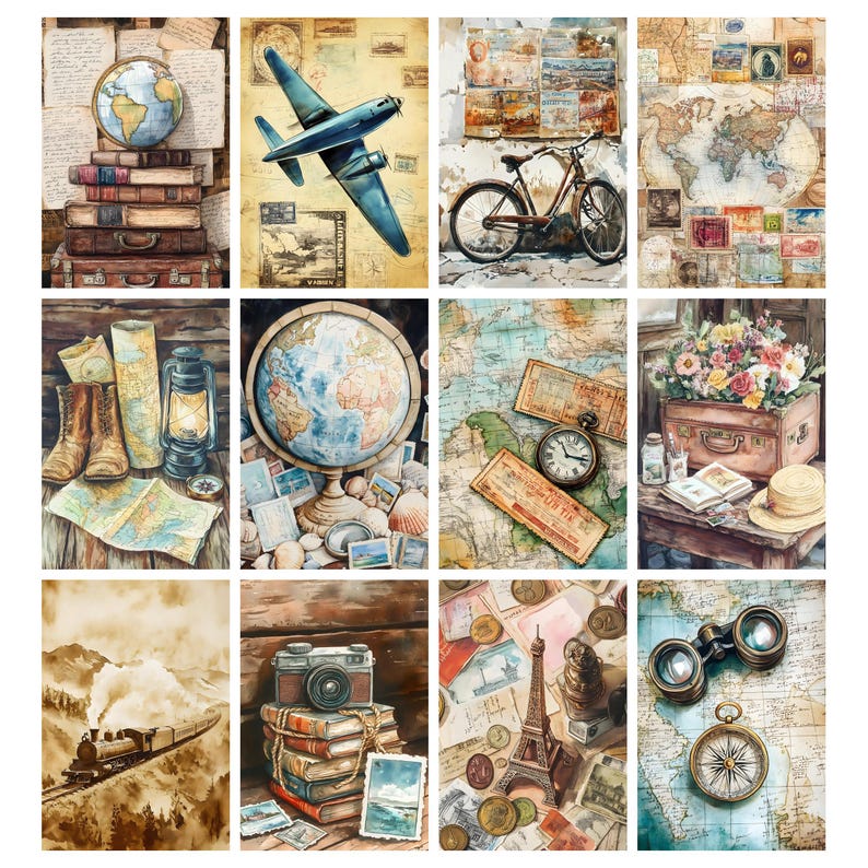 May include: A collection of vintage-style travel-themed art prints. The prints feature a globe, airplane, bicycle, maps, and other travel-related items. The color palette includes sepia tones, blues, and greens, evoking a sense of nostalgia and adventure.