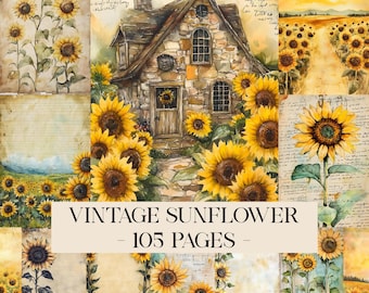 May include: A collage of vintage-style sunflower images. The central image features a stone cottage surrounded by sunflowers. Other images show fields of sunflowers and individual blooms. Text reads "VINTAGE SUNFLOWER - 105 PAGES".