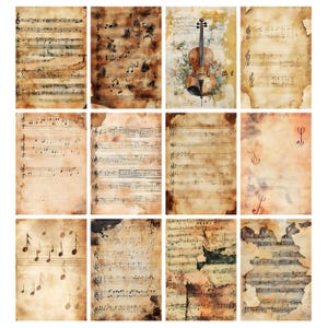 May include: A collection of vintage-style musical sheet papers with a distressed, aged appearance. The sheets feature musical notes and symbols, with a warm, sepia-toned color palette. One sheet displays a violin with floral accents.