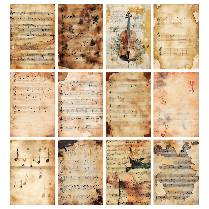 May include: A collection of vintage-style musical sheet papers with a distressed, aged appearance. The sheets feature musical notes and symbols, with a warm, sepia-toned color palette. One sheet displays a violin with floral accents.