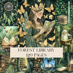 May include: Watercolor illustration featuring a fantasy theme. A woman with pointed ears and a crown reads a book, surrounded by butterflies. The text "FOREST LIBRARY - 120 PAGES -" is displayed. Other images include a dreamcatcher, books, and a wizard.