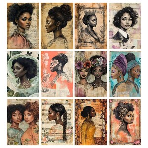 May include: A collection of twelve watercolor portraits of Black women. Each portrait features a different hairstyle and attire, with soft colors and vintage-style backgrounds. The portraits are arranged in a grid, showcasing a variety of artistic styles.