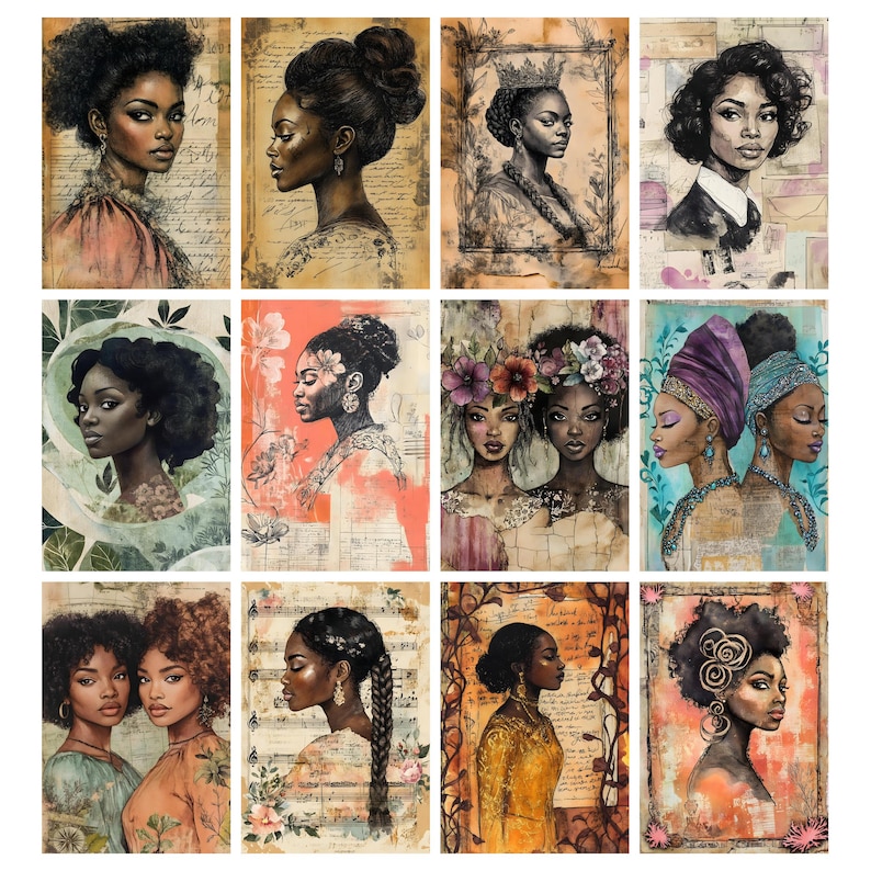 May include: A collection of twelve watercolor portraits of Black women. Each portrait features a different hairstyle and attire, with soft colors and vintage-style backgrounds. The portraits are arranged in a grid, showcasing a variety of artistic styles.