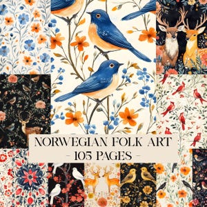 Op de afbeelding: Een verzameling digitale kunstprints met verschillende bloemen- en dierenontwerpen. De prints tonen blauwe vogels, herten en zangvogels te midden van bloemen in blauwe, oranje en rode tinten. De tekst "NORWEGIAN FOLK ART - 105 PAGES -" is zichtbaar.