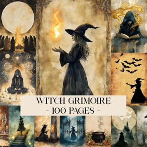 May include: A collection of 100 pages for a witch grimoire featuring watercolor-style illustrations of figures in black robes and pointed hats, flames, bats, a cauldron, a full moon, and occult symbols on aged, parchment-colored paper backgrounds.