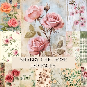May include: A collage of watercolor floral designs featuring roses and other flowers in shades of pink, peach, and green. The text "SHABBY CHIC ROSE - 120 PAGES" is displayed across the center. The overall theme is vintage and romantic.