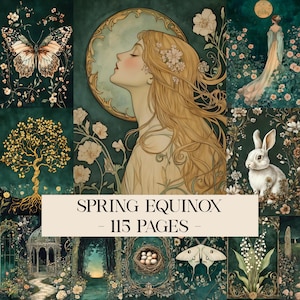 Puede incluir: Un collage de ilustraciones con un fondo verde oscuro. Las imágenes incluyen una mujer con cabello rubio largo, una mariposa, un conejo, un árbol y elementos florales. Se muestra el texto "SPRING EQUINOX - 115 PAGES -".