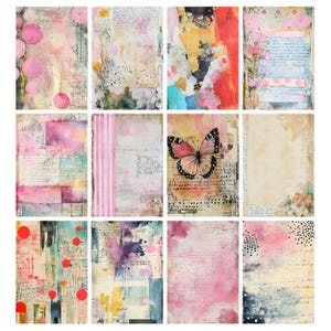 May include: A collection of twelve art prints with a vintage aesthetic. Each print features a unique design with watercolor washes, script, and decorative elements. Colors include pink, yellow, blue, and touches of gold. Some prints showcase butterflies and floral accents.
