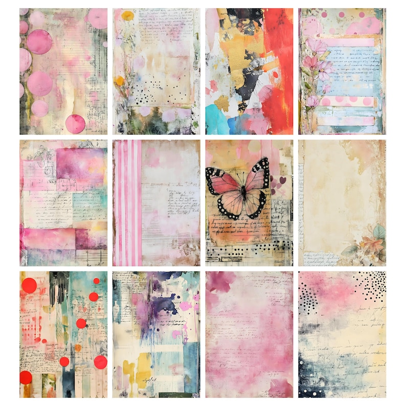 Pastel Scribbles Junk Journal Collage Pages, Backdrop Rustic Papers ...