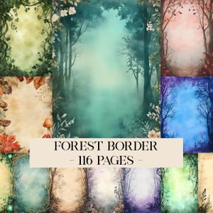 May include: A digital art collage featuring forest scenes with various color palettes. The image includes a variety of forest border designs with trees, foliage, and a misty background. Text on the image reads "FOREST BORDER - 116 PAGES".