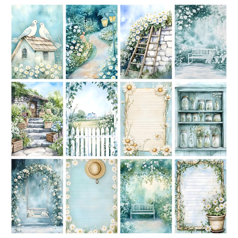 May include: A collection of watercolor illustrations featuring garden scenes. Each image showcases elements like a stone cottage, winding paths, a ladder against a stone wall, a white bench, and a picket fence, all surrounded by flowers and greenery.
