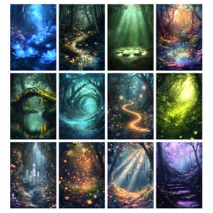 May include: A collection of twelve fantasy art prints depicting enchanting forest scenes. Each print showcases vibrant colors, including blues, greens, and golds, with elements like glowing pathways, ethereal lights, and mystical creatures, creating a magical atmosphere.
