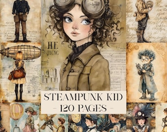 May include: A collage of watercolor illustrations featuring steampunk-themed children. The images showcase kids with goggles, coats, and vintage accessories. The text "STEAMPUNK KID - 120 PAGES" is displayed in a banner across the center of the image.