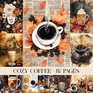 Può includere: Un collage di illustrazioni ad acquerello con temi di caffè e autunno. Le immagini includono tazze di caffè, foglie autunnali, chicchi di caffè e il testo "COZY COFFEE - 87 PAGES". La tavolozza dei colori comprende toni caldi di marrone, arancione e crema.