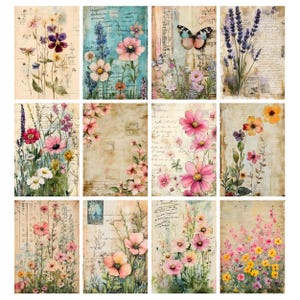 May include: A collection of twelve floral art prints. Each print features watercolor illustrations of various flowers, including cosmos, lavender, and daisies, with a vintage, aged paper background. Some prints include butterflies and handwritten script.
