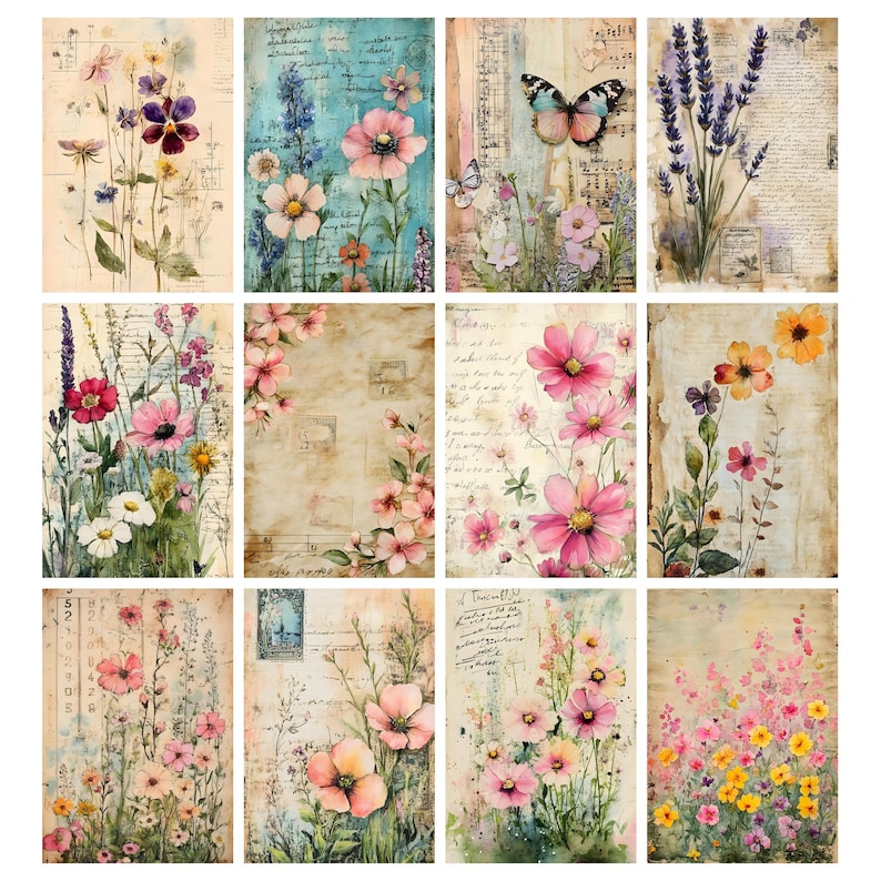 May include: A collection of twelve floral art prints. Each print features watercolor illustrations of various flowers, including cosmos, lavender, and daisies, with a vintage, aged paper background. Some prints include butterflies and handwritten script.