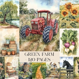 Könnte beinhalten: Aquarellillustrationen zum Thema grüne Farm. Die Bilder zeigen einen roten Traktor, Sonnenblumen, Gemüse, ein Pferd und einen Weg. Der Text "GREEN FARM - 120 PAGES -" wird angezeigt.