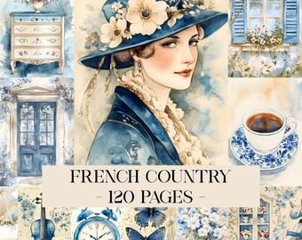 French Country Digital Paper, Blue Shabby Chic Junk Journal Kit, Cottagecore Ephemera, Floral Digital Paper, Vintage Blue Junk Journal Pages