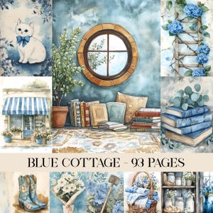 Blue Cottage Junk Journal Scrapbook Wall Art Pages, Vintage Shabby Chic, Cottage, Floral, Botanical, Countryside, Ephemera, Printable Paper