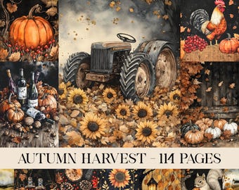 May include: A collage of autumn-themed illustrations. Includes a tractor, pumpkins, sunflowers, a rooster, wine bottles, and a squirrel. The text "AUTUMN HARVEST - 114 PAGES" is displayed at the bottom. The color palette features warm tones of orange, yellow, and brown.