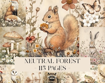 May include: A collection of watercolor illustrations featuring forest animals and plants. The images include a fox, squirrel, rabbit, owl, and other creatures, with the text "NEUTRAL FOREST - 115 PAGES". The color palette is soft and natural.