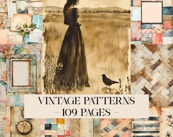 Op de afbeelding: Een collage van papieren en illustraties in vintage stijl. De centrale afbeelding is een sepia-aquarel van een vrouw in een lange jurk die in een veld met een vogel staat. De tekst "VINTAGE PATTERNS - 109 PAGES -" wordt weergegeven.