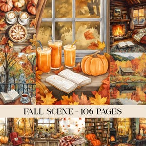 Puede incluir: Ilustración en acuarela de una escena otoñal acogedora. La imagen presenta calabazas, bebidas, un libro abierto y hojas cayendo. El texto "FALL SCENE - 106 PAGES" está en la parte inferior. El tema general es el otoño y la comodidad.