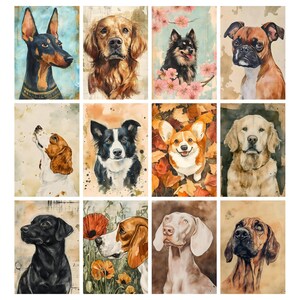 May include: A collection of watercolor dog portraits. The images feature various breeds, including a Doberman, Golden Retriever, and Corgi, each with unique expressions and details. The artwork has a vintage aesthetic.