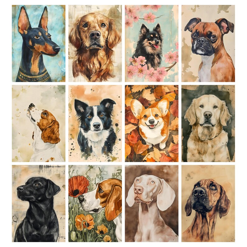 May include: A collection of watercolor dog portraits. The images feature various breeds, including a Doberman, Golden Retriever, and Corgi, each with unique expressions and details. The artwork has a vintage aesthetic.