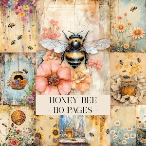 Può includere: Un collage di illustrazioni ad acquerello con api, fiori e immagini a tema miele. L'immagine centrale è una grande ape con le ali aperte, circondata da fiori rosa. Il testo "HONEY BEE - 110 PAGES" è visualizzato su uno striscione color crema.