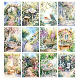 May include: A collection of watercolor paintings depicting idyllic garden scenes. Each painting showcases a different garden setting, including pathways, tea tables, benches, and floral arrangements. The color palette is soft and inviting, with a focus on pastel hues and natural light.