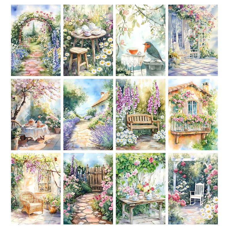 May include: A collection of watercolor paintings depicting idyllic garden scenes. Each painting showcases a different garden setting, including pathways, tea tables, benches, and floral arrangements. The color palette is soft and inviting, with a focus on pastel hues and natural light.